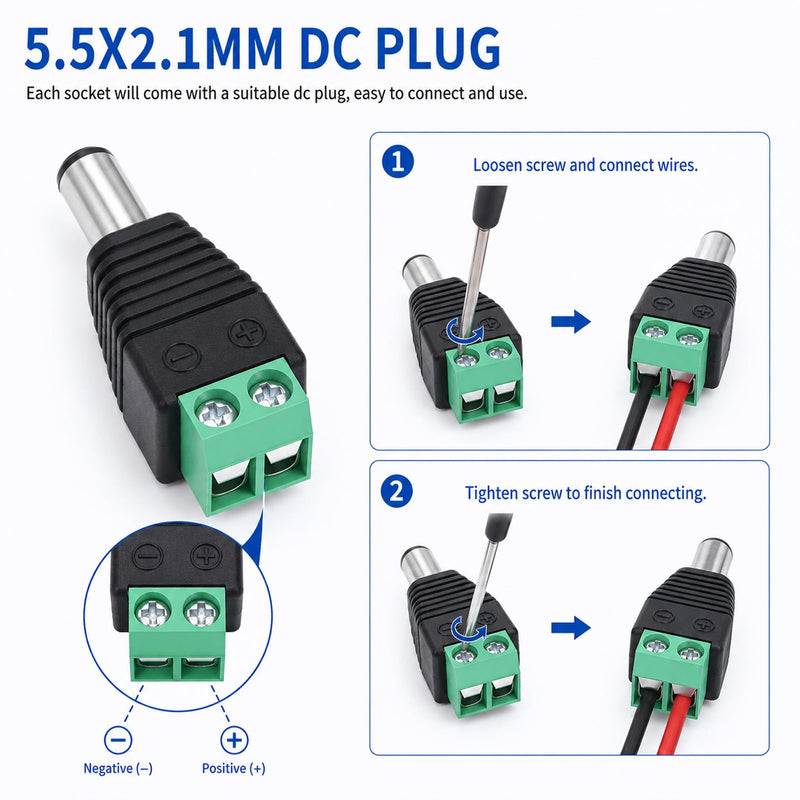 6 PCS 5.5x2.1Mm Dc Power Jack Set, Pre-Wired Female Dc-Power Jack 5.5 X 2.1 Mm Male Dc Connector Plug Battery Powers Mount Connector Adapter for Audio Video DIY Appliances