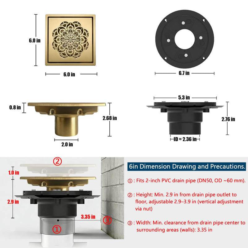 6 Inch Shower Drain, Square Shower Floor Drain Kit with Flange and Removable Cover Grate, AISI 304 Stainless Steel, Brushed Gold 6 inches