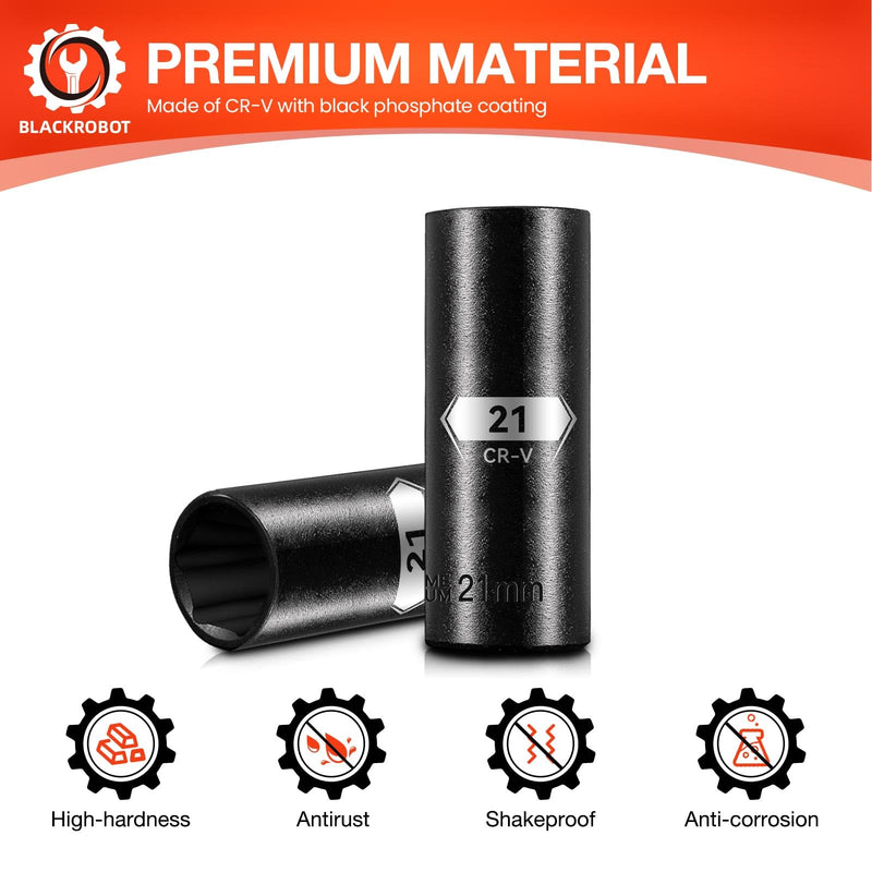 BLACKROBOT 1/2 Inch Drive 6-Point Deep Socket, 21mm Deep Impact Socket, CR-V Steel