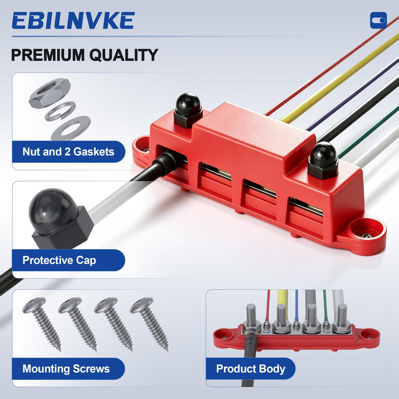 Bus Bar 12V 250A Power Distribution Block 4 x 5/16"(M8) Studs | Marine Bus Bar, 12 Volt Battery Busbar, Terminal Block, Automotive, Car, Boat, Solar Wiring, Positive & Negative Red&Black 250A 4 x 5/16(M8) Studs
