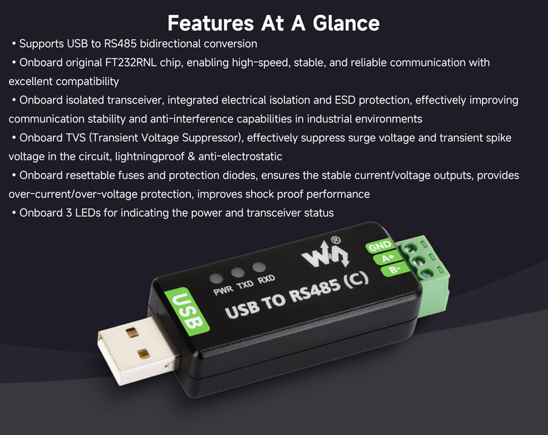 USB to RS485 Bidirectional Converter, with FT232RNL Stable Chip, Industrial Grade Isolated Adapter, with Isolated Transceiver and TVS Protection Circuits, etc. Up to 1.2km RS485 Transmission Distance