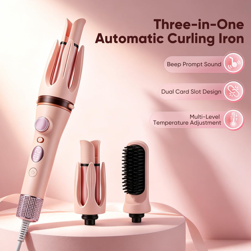 3-in-1 Negative Ions Automatic Curling Wand, Rotating Hair Curler with Straightener Brush, Ceramic Coating Anti-Scald Auto Shut-Off, Four Temperature for Hair Styling, 28mm & 32mm Barrels, 150°C-210°C