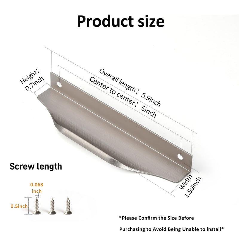 Edge Finger Tab Pulls for Cabinets Invisible Kitchen Concealed Aluminum Flat Hidden Drawer Pull Easy to Install Pack of 6 Brushed Nickel 6 inch 150mm Overall Length Easy Installation 5" Hole Center 6" Overall Length
