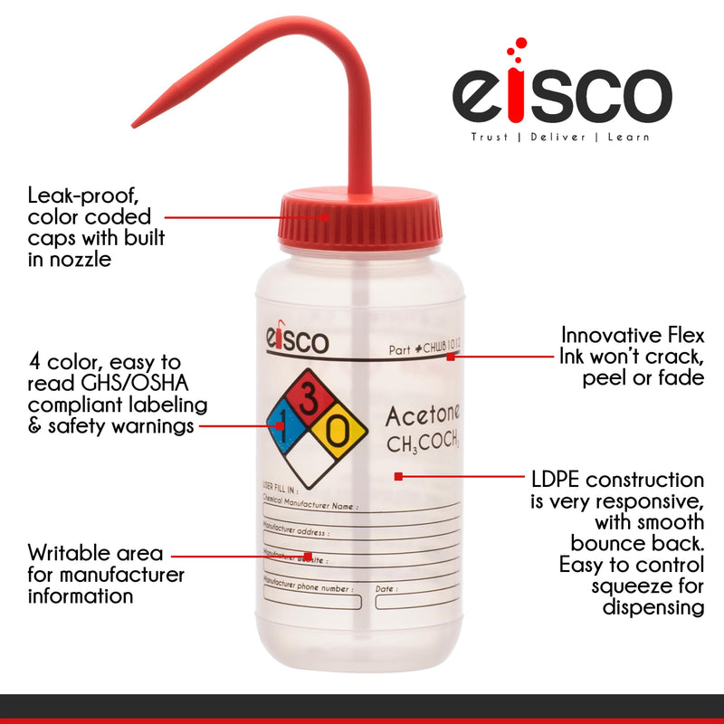 EISCO 2PK Wash Bottle for Acetone, 1000ml - Labeled with Color Coded Chemical & Safety Information (4 Colors) - Wide Mouth, Self Venting, Low Density Polyethylene Labs 2