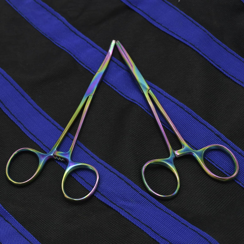 2 Hemostat Curved and Straight Hemostat Forceps Piercing Pliers Multi Color Rainbow Forceps with Serrated Jaws, 5.5 Inch Stainless Steel Straight and Curved Pliers,Fishing Tweezer Hemostats