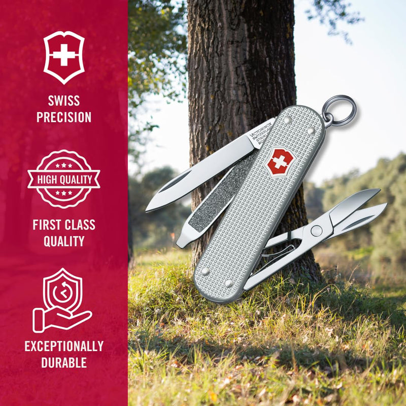 Victorinox Swiss Army Classic Pocket Knife (Silver Alox) | Swiss-made pocket knife, 5 functions, silver Alox scales, keychain carry, everyday tasks, compact EDC Classic SD Alox
