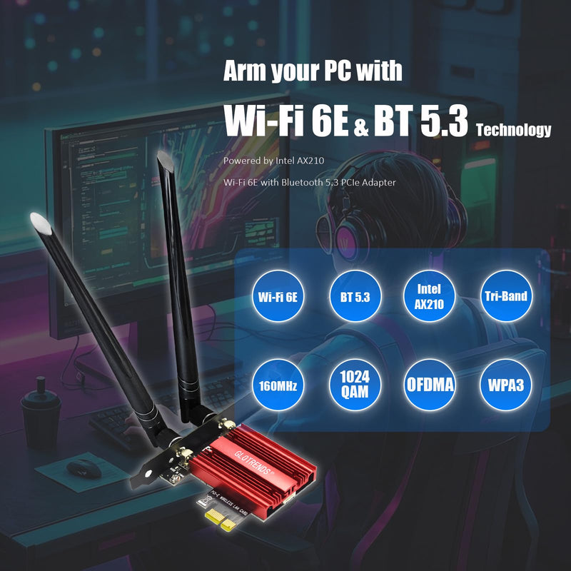 GLOTRENDS AX5400 WiFi 6E PCIe Card with Low-Profile Bracket for Desktop PC, Intel AX210 Chip, 802.11ax, Bluetooth 5.3, Support Windows 11/10/Linux, Not Support Mac OS/Windows 7/XP