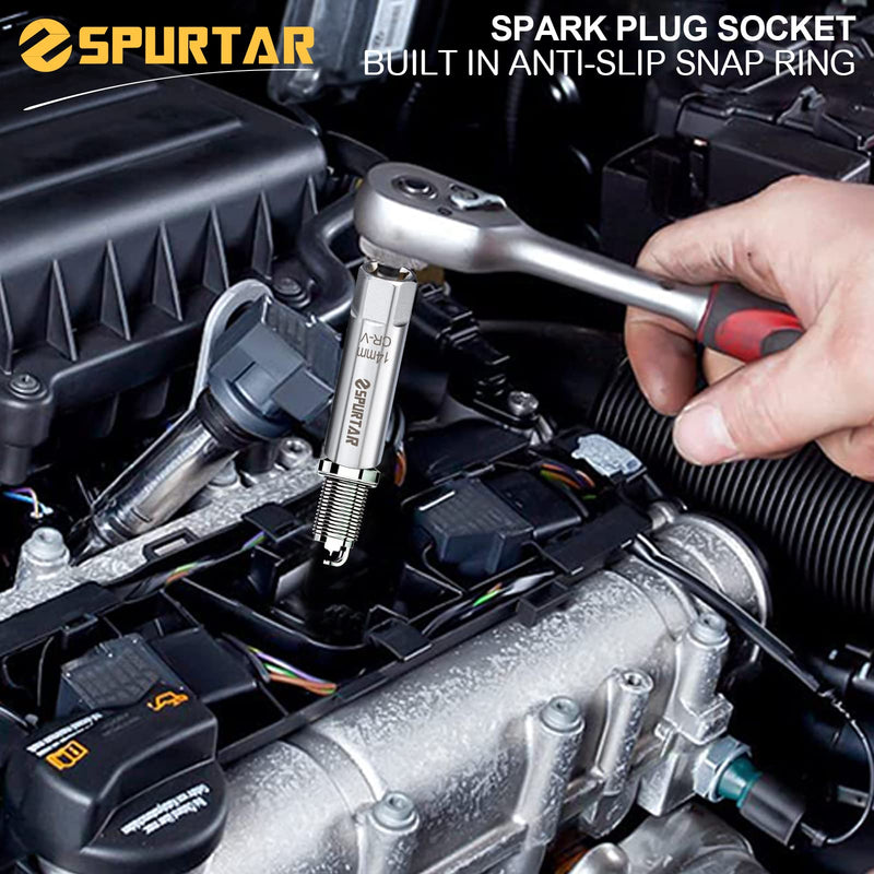 Spurtar 14mm 16mm Spark Plug Socket Set Thin Wall 12-Point 3/8-Inch Drive Spark Plug Tool Set for Auto, Fits BMW Peugeot Benz Nissan Cars Motorcycle SUV ATV with Spring Clips 2pcs CRV Steel Tool 14mm & 16mm