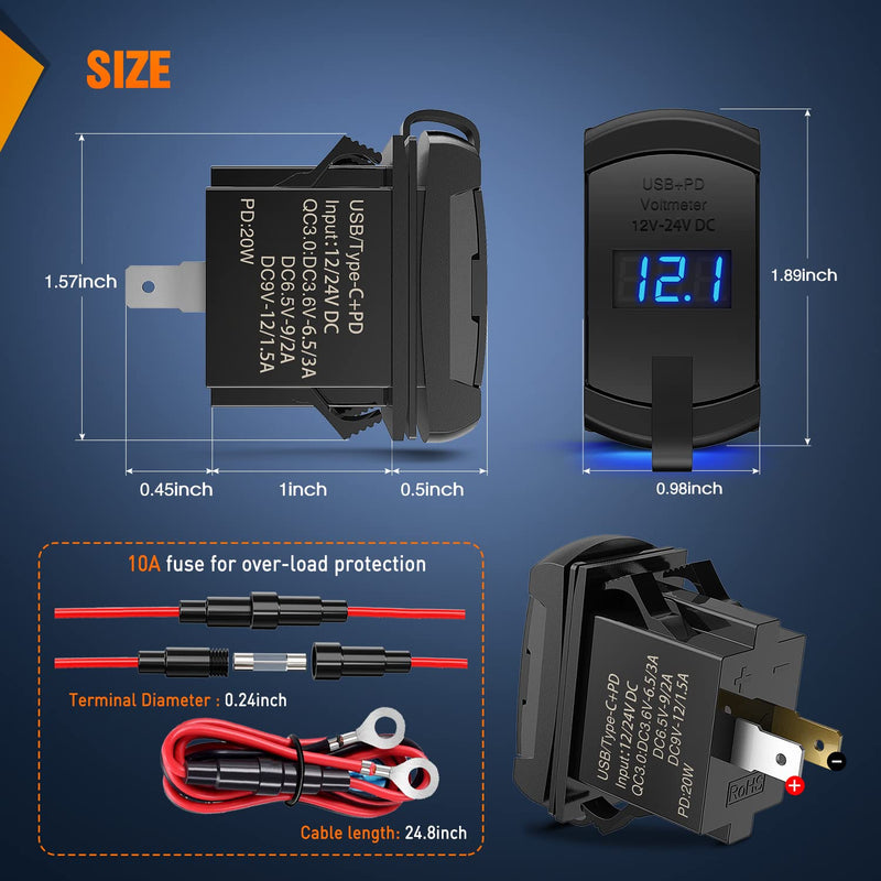 Nilight Rocker Switch Style USB Outlet LED Voltmeter Quick Connector 12V PD Type C and USB QC 3.0 Cars Replacement with Inline Fuse for Switches Panel on Boats RV Truck Car Type C + USB Voltmeter Blue