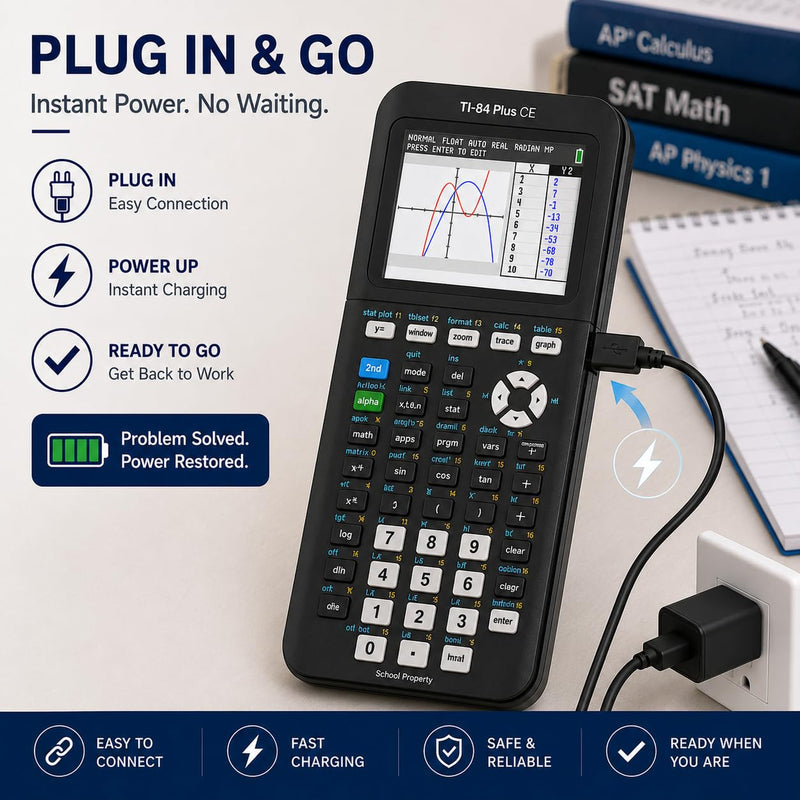 TI-84 Plus CE Charger Cable, USB-A to Mini USB Charge & Sync | Reliable USB-A to Mini USB Charge & Sync cable for TI-84 Plus CE calculators.