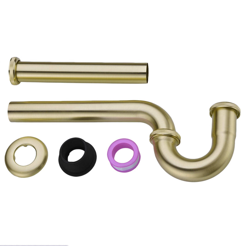 Brass P Trap, 1 1/4 Bathroom Basin Sink Waste Trap Drain Kit with Flange and Slip Joint Extension Tube Drain Tailpiece, Adjustable Height, Brushed Gold Brass Finish