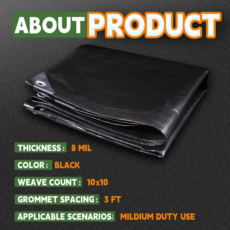 Small Black Tarps 4x6 Feet (2 Pack), UV Resistant, 8 Mil Multipurpose Medium Duty Waterproof Poly Tarp Cover with Metal Grommets and Reinforced Edges by RAINDEWAY Black-8mil 4'x6' (2 Pcs)-Finished Size
