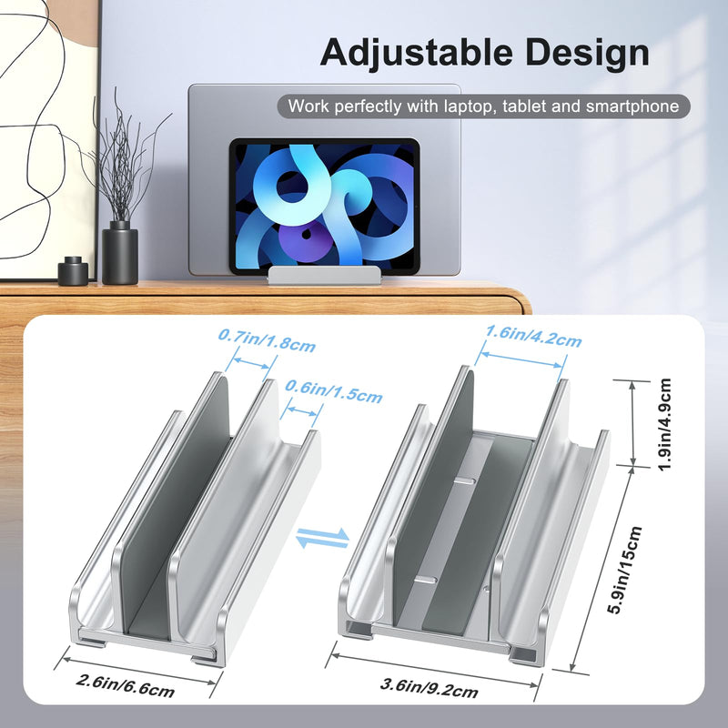 Vertical Laptop Stand, Aluminum Laptop Holder, Adjustable 3-in-1 Design, Compatible with MacBook, MacBook Pro/Air, Dell, HP, Lenovo, Up to 17.3 inches (Silver) Silver