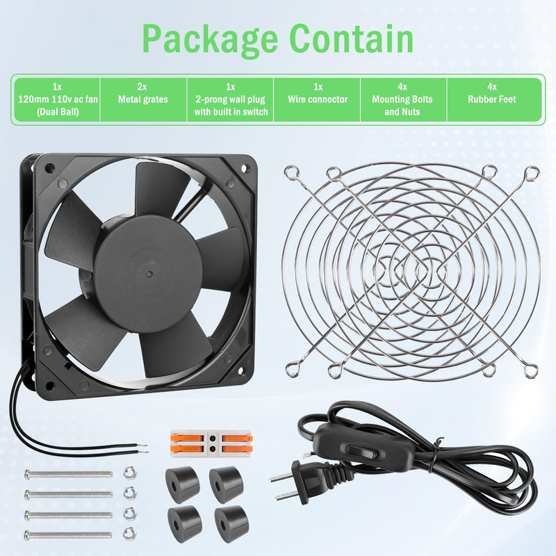 Axial Muffin Small Computer Fan with AC Plug 110V 120V AC 120mm x 25mm Dual Ball for DIY Cooling Ventilation Exhaust Projects 120x120x25mm