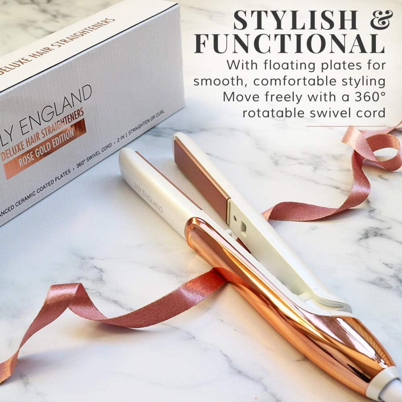 Lily England Hair Straighteners for Women, 2-in-1 Flat Iron & Curler Rose Gold