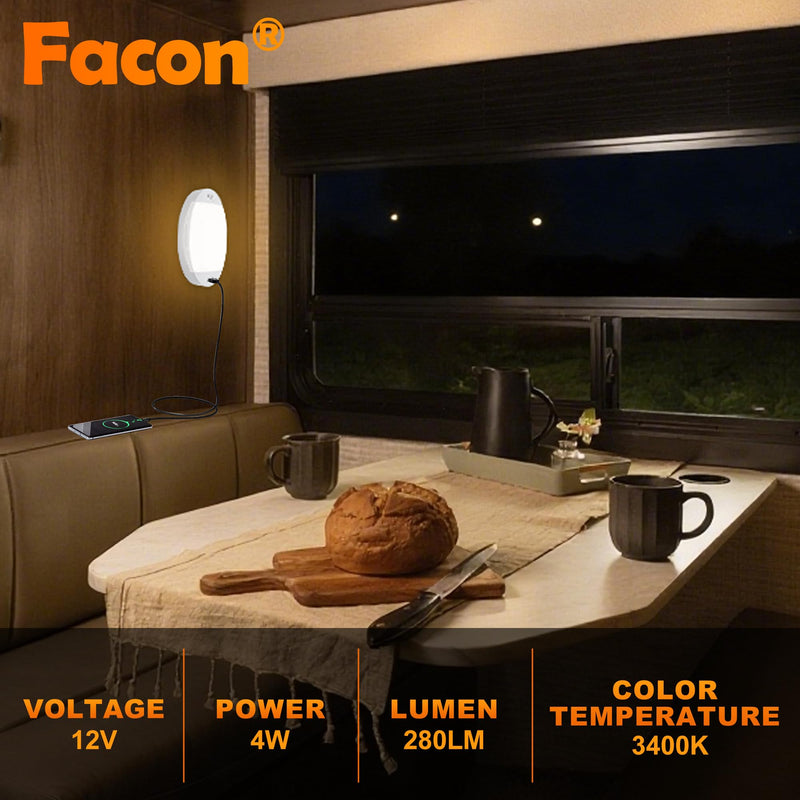 Facon 12V RV Interior Lights with Fast USB Charger (5V/2.4A) – Oval Pancake LED Ceiling Light Fixture with Switch, 12Volt Lighting for RV, Camper, Boat, Tiny Homes with Switch and USB Charger Socket