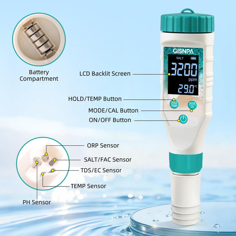 Chlorine Tester & Pool Salt Tester, Digital Pool Water Tester, Pool pH Tester 7 in 1 FAC Digital Salinity Tester for Saltwater Aquarium Sodium Chloride Swimming Pools Hot Tubs Spas Green