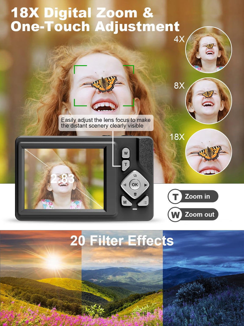 Digital Camera - 48MP, FHD 1080P, 18X Dig Zoom, Anti-Shake, 2.83" LCD, 32GB Card. Vlog Camera, Portable for Travel. Compact Point-and-Shoot for Kids, Teens, Students, Beginners (Black) Black