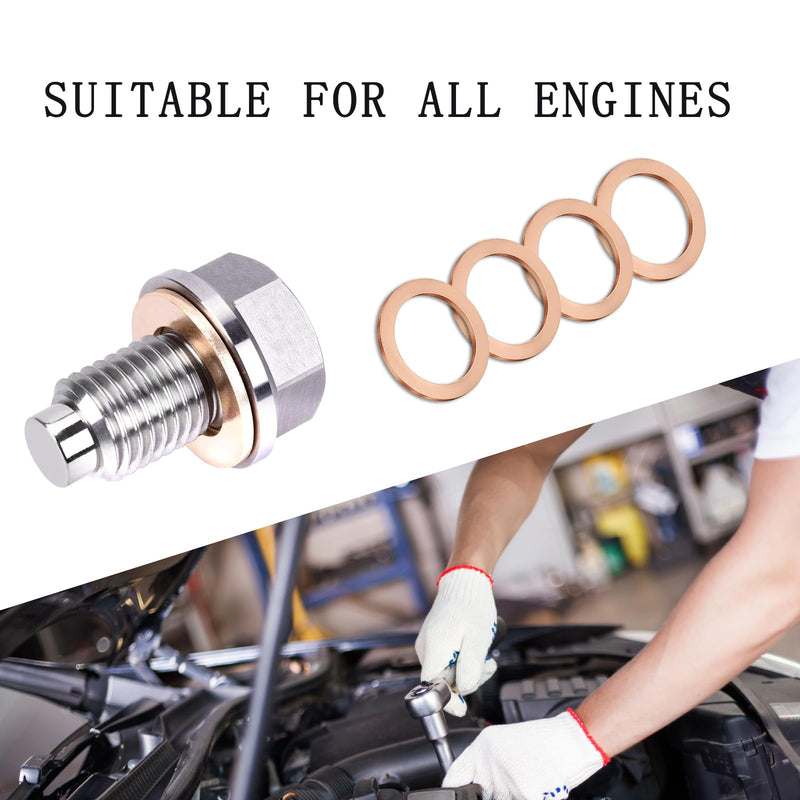 M14x1.5 Magnetic Oil Drain Plug, Magnetic Stainless Steel Oil Pan Drain Nut Bolt with 5PCS Copper Crush Washer Anti Leakage, Universal Leak-proof Replacement,Fits Most Cars,Motorcycles,Boats M14×1.5