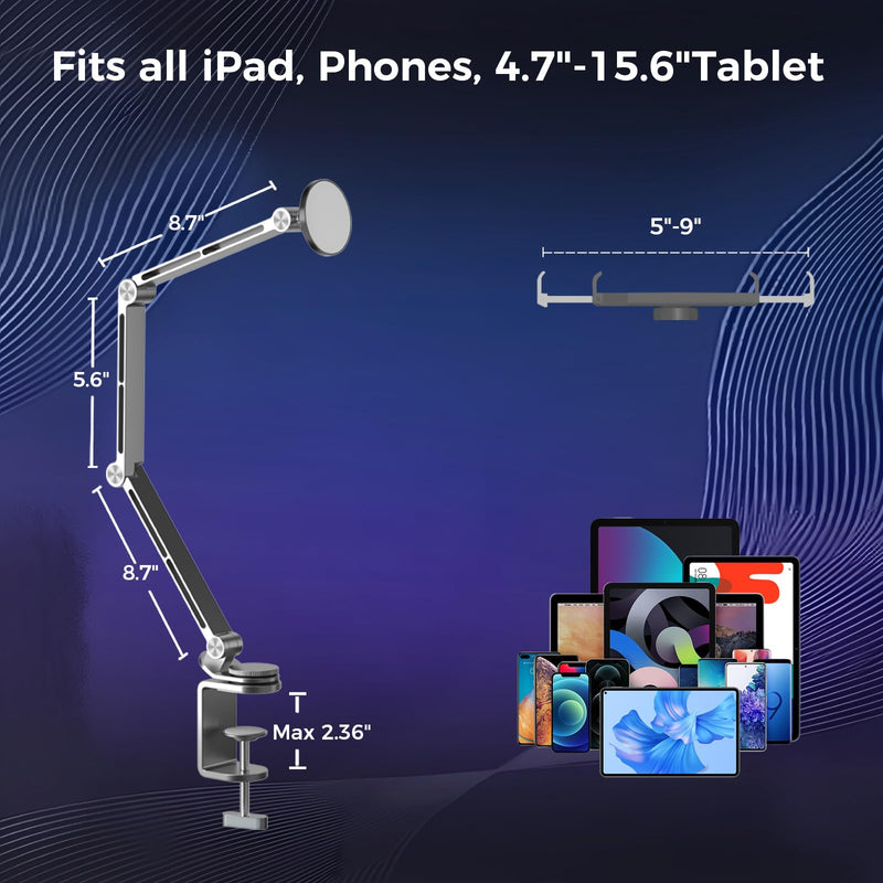 Tablet Stand for Desk, iPad Desk Mount, Magnetic Tablet Holder for Desk, Foldable Phone Arm Mount with 360° Adjustable Rotatable, Phone Holder iPad Stand Fits for 4.7-15.6" Screen
