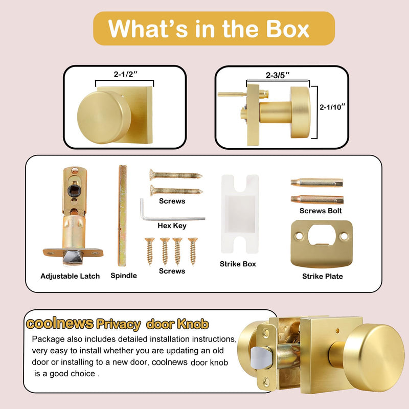 coolnews Gold Door Knobs Interior, Privacy Door Knob with Lock, Heavy Duty Square Modern Door Handle for Bedroom Bathroom, Satin Brass Brushed Gold