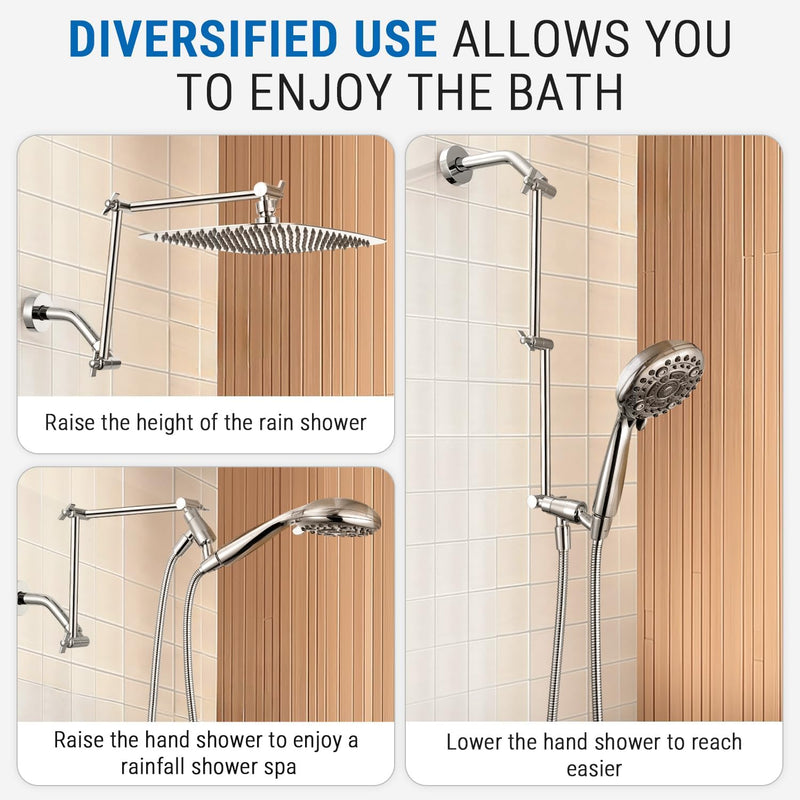 G-Promise 18 Inch Shower Head Extension Arm, Solid Brass Height & Angle Adjustable Extender, Rise or Lower Rainfall and Fixed Shower Head (Chrome) Chrome