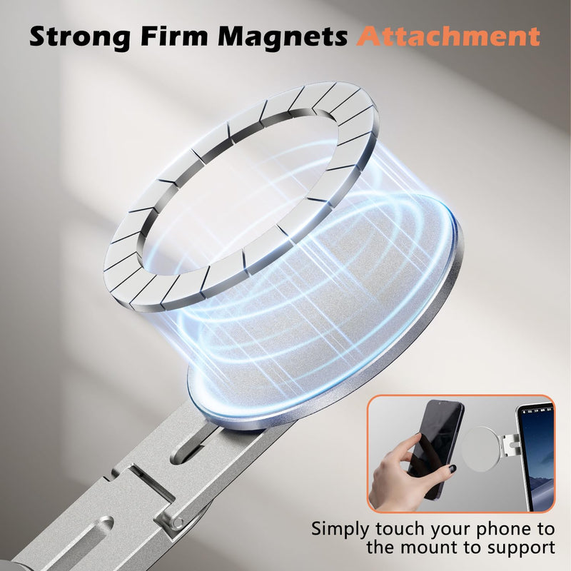 Magnetic Phone Holder for Laptop, Adjustable Computer Monitor Side Mount for iPhone 17/16/15/14/13/12 MagSafe for Tesla, Slim Portable Foldable Cell Phone Holder, Silver