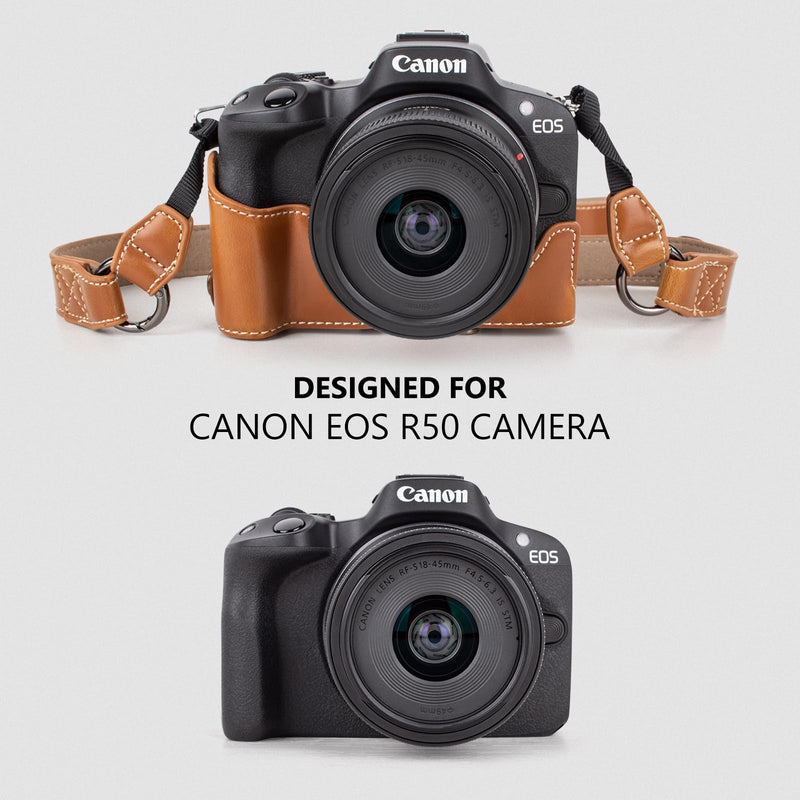 MUZIRI KINOKOO Protective Case for Canon EOS R50/R100 Camera and 18-45mm Lens, PU Leather EOSR50 R100 Camera Bag Including Half Case, Flip Cover, Shoulder Strap and Storage Pocket - Brown