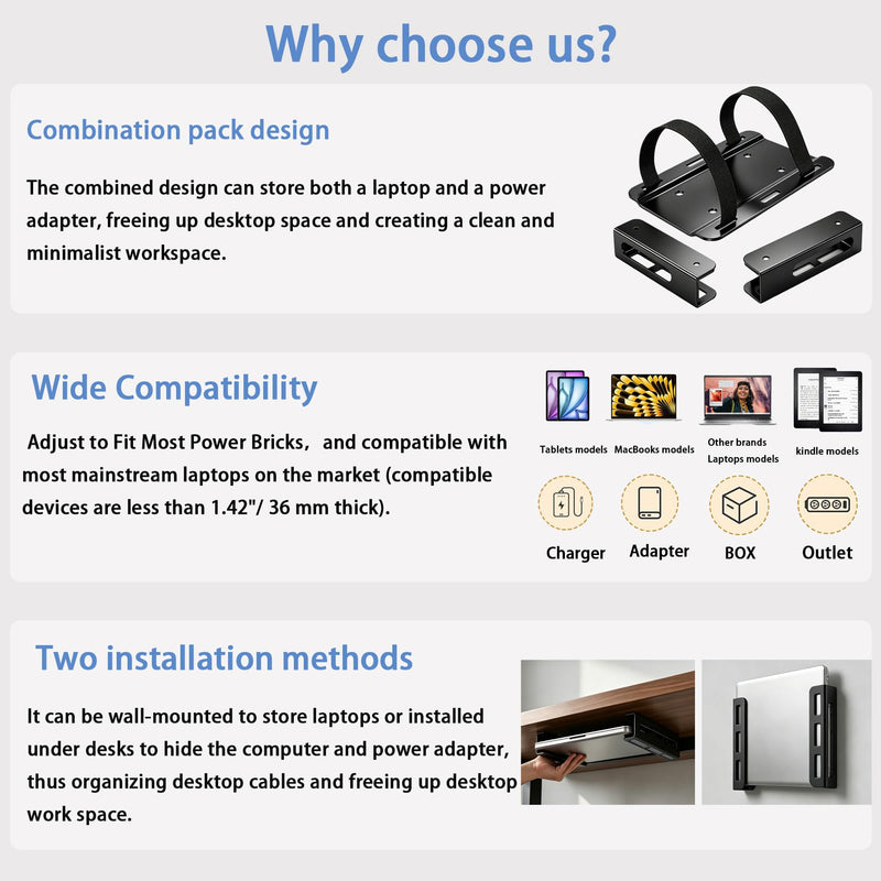 Universal Wall & Under Desk Laptop Mount and Charger Holder | for most laptops as MacBooks, Surface,Tablets, and 100W or Higher Chargers, with Adhesive, Screws, Anti-Scratch Pads