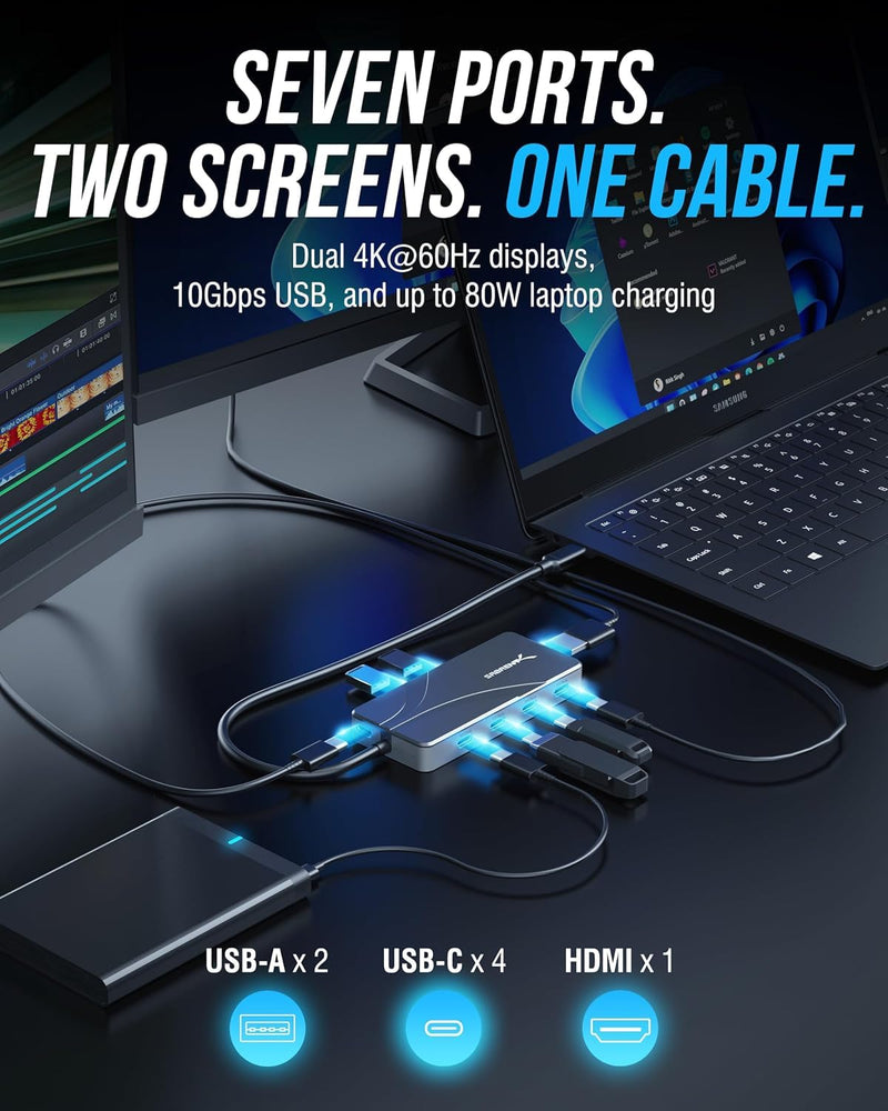 SABRENT OMNIPORT 7D USB-C Dock, Dual 4K HDMI, 100W PD (HB-UC7D) | Dual-monitor 4K@60Hz HDMI + USB-C video; 4x 10Gbps USB-C; 100W PD; MacBook, Steam Deck