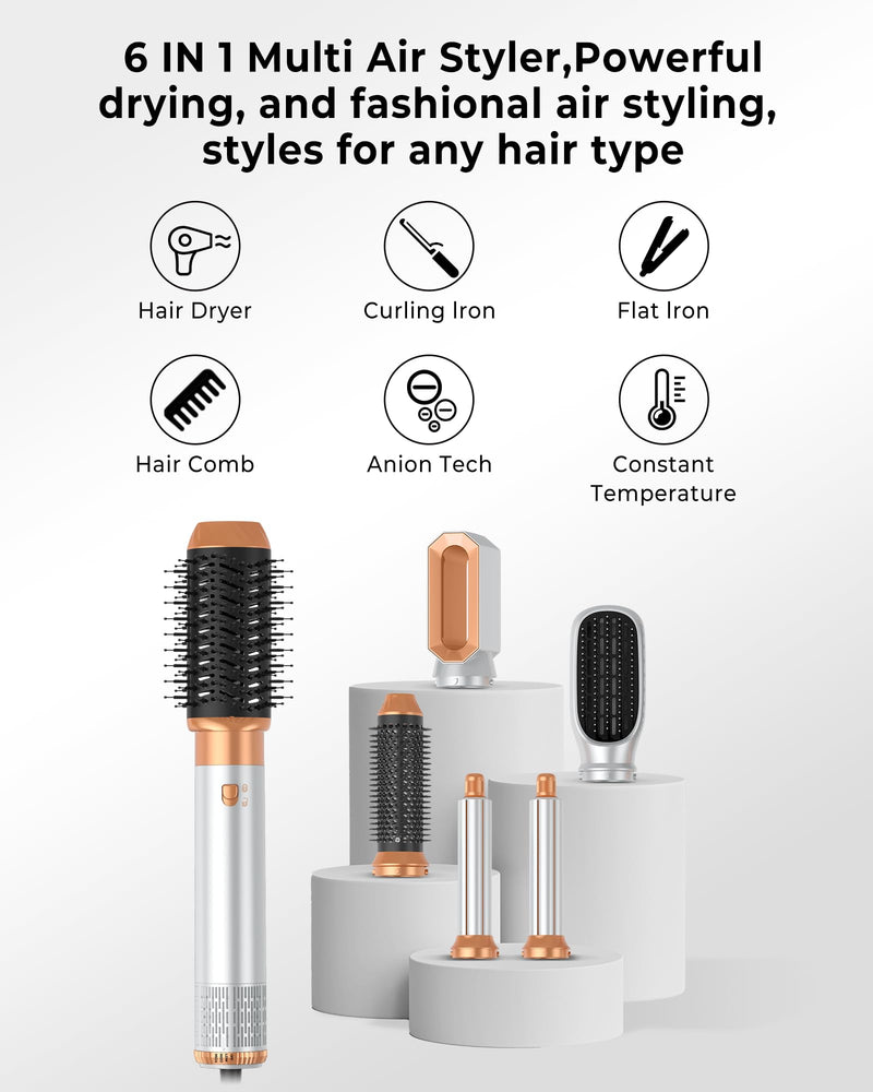 MogaWave Airbrush Pro Hair Styler 6 in 1 Air Styler with Hair Dryer, Blow Dry Hair Brush, H Curler, Magic Airstyler Multi Hair Stylers for Drying and Styling Straightening Volumizing Curling Sleeking Gold
