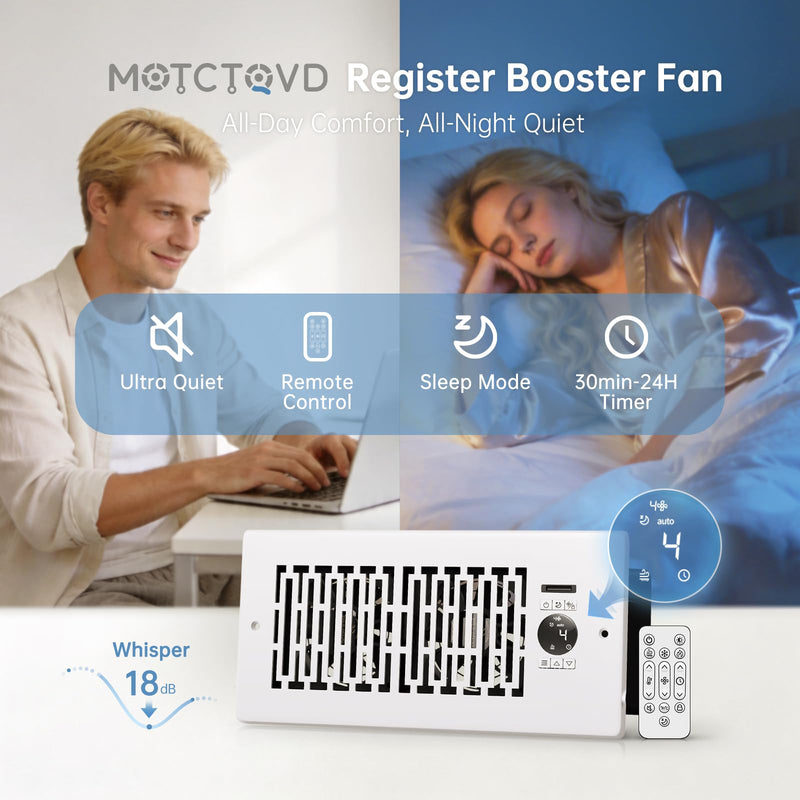 Smart Register Booster Fan Fits 4" x 10" Register Holes, 10-Speed Quiet Vent Fan Booster, Smart Thermostat Control for Improves Heating and Cooling with Remote for Floor or Wall Vents 4" x 10" Coconut White