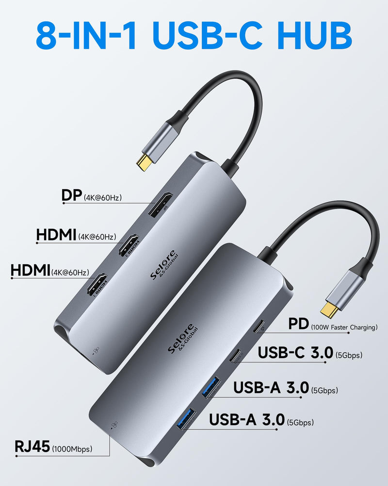 USB C Docking Station Dual Monitor, Selore Docking Station 3 Monitors | Triple 4K Display with 2 HDMI, DisplayPort, 1Gbps Ethernet, 100W PD Charging, USB 3.0 Ports Adapter for Dell, HP, Lenovo,etc Gray