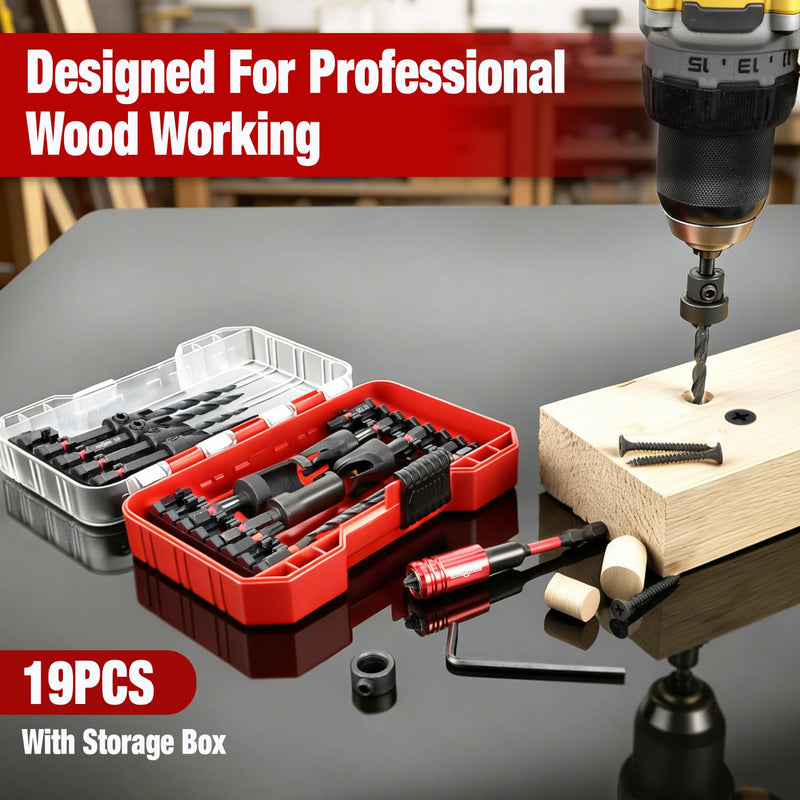 ANGELSWORD Countersink Drill Bit Set, 19 PCS Tapered Drill Bits Counter Sink Drill Bit with 4PCS Wood Plug Cutters, 1PC Magnetic Extension Bit Shaft for Woodworking