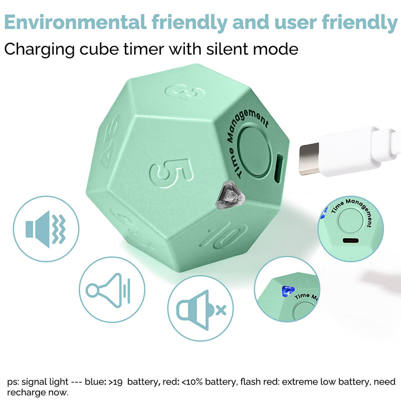 KADAMS Pomodoro Cube Timer Productivity-11 Preset Countdowns, Flip-to-Start Gravity Activation - Sound Vibrate Mute Rechargeable - Ideal for ADHD Kid Kitchen Classroom Cook Study Exercise - Green