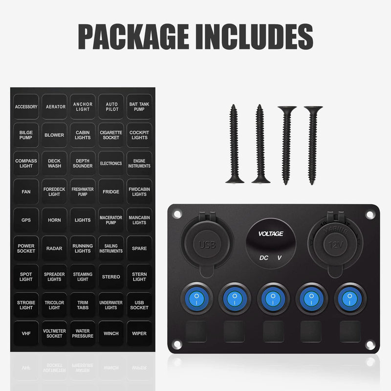 Upgrade Blue 5 Gang Marine Boat Rocker Switch Panel Circuit Breakers, Waterproof Switch Panel with 15A Inline Fuse for Truck RV, Digital Voltmeter USB Charger Port DC 12 Volt Power Outlet Socket