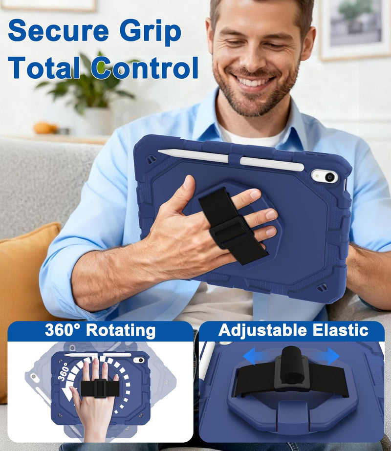 iPad A16 11th & 10th Gen Case with Screen Protector and Strap, Blue | 360° Rotating Stand, Removable Adjustable Shoulder Strap & Hand Strap, Pencil Holder, Handle for Carrying, Heavy Duty Case Navy Blue
