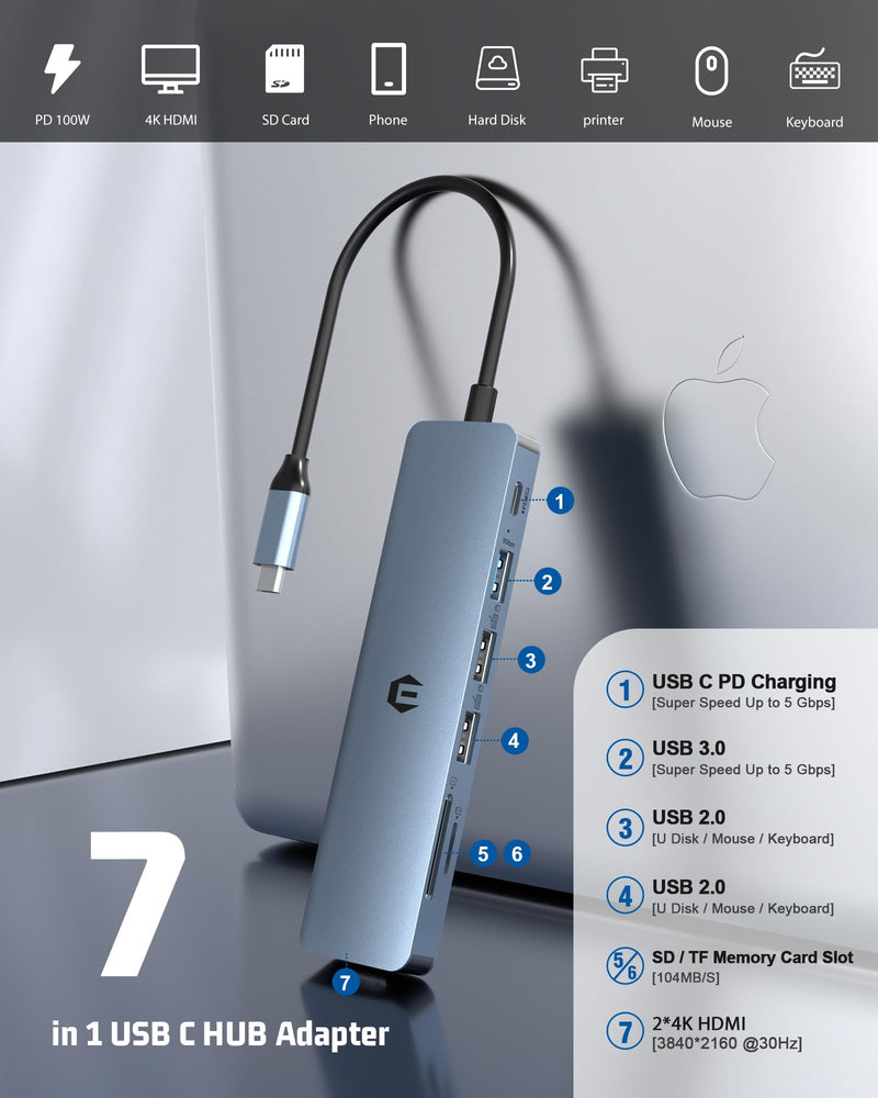 USB C Hub, oditton 7 in 1 USB Adapter Featuring 4K HDMI, 100W PD, USB 3.0 Ports, 2 x USB 2.0 Ports, SD/TF Card Reader Compatible with iMac, Surface, XPS, Thinkpad, Galaxy and More