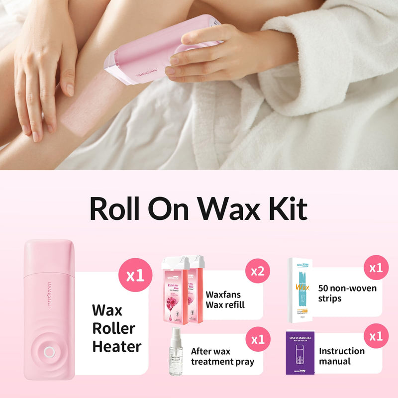 Waxfans Wax Roller Kit, Waxing Kit for Hair Removal, Cera Para Depilar at Home Waxing Kit for Body and Legs Hair Removal, with 2 Wax Refills (Honey) & 50 Wax Strips, Easy & Smooth (Rose) Rose