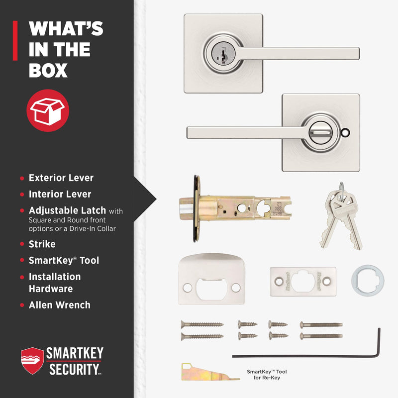 Kwikset Casey Entry Door Handle with Lock and Key, Secure Keyed Reversible Lever Exterior, For Front Entrance and Bedrooms, Satin Nickel , Pick Resistant Smartkey Rekey Security and Microban 1 Pack Keyed Entry