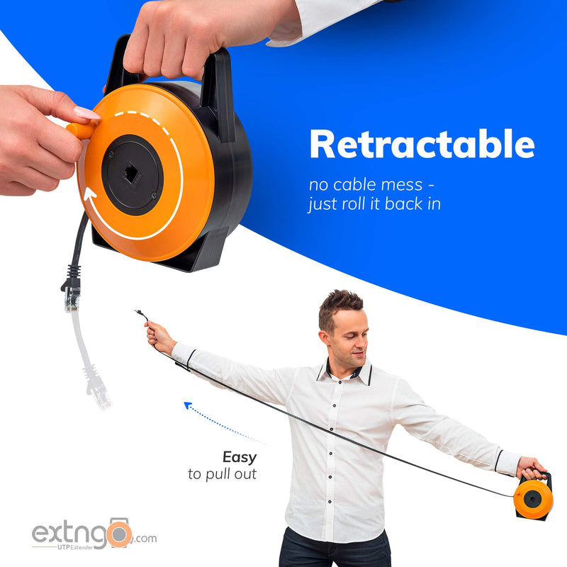 Retractable Network Cable Extender, 50 Feet CAT 6 Ethernet Cable Flat-Portable 1Gbps Data Speed-Swiftly Setup Temp Networks-Cascadable Male-Female RJ45 Connector-UTP Cable Reel Orange