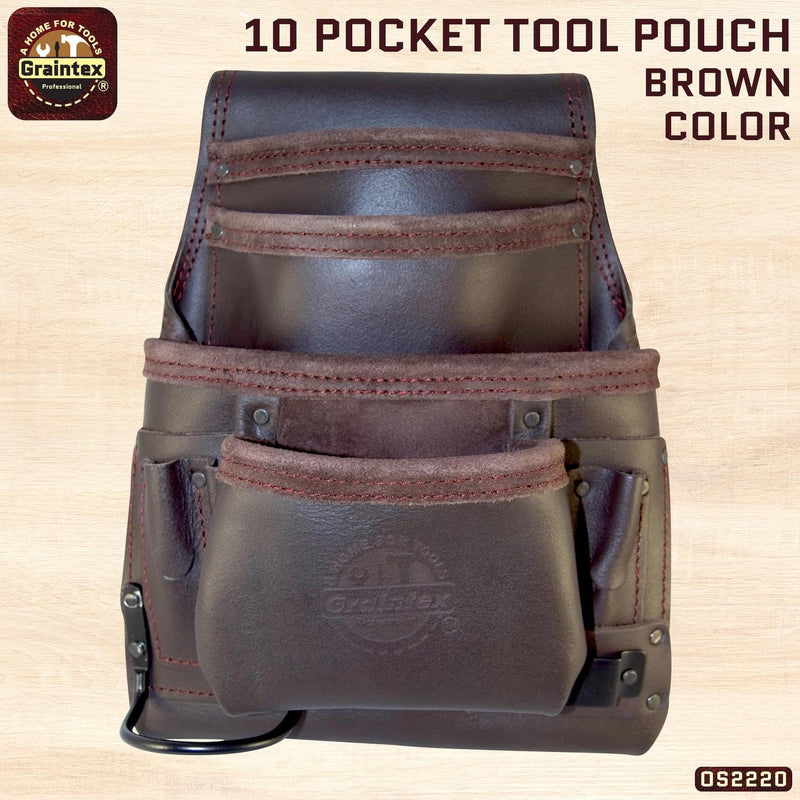 Graintex OS2220 10 Pocket Oil Tanned Leather Nail & Tool Pouch Dark Brown Color for Constructor/Electrician/Plumber