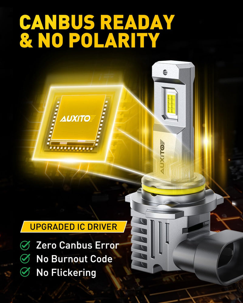 AUXITO 9005 LED Bulbs HB3 Light 6500K Daylight White Ultra-Bright, 60W Fanless Fog Light Bulb,True 1:1 Size, Plug-N-Play, Pack of 2 9005/HB3