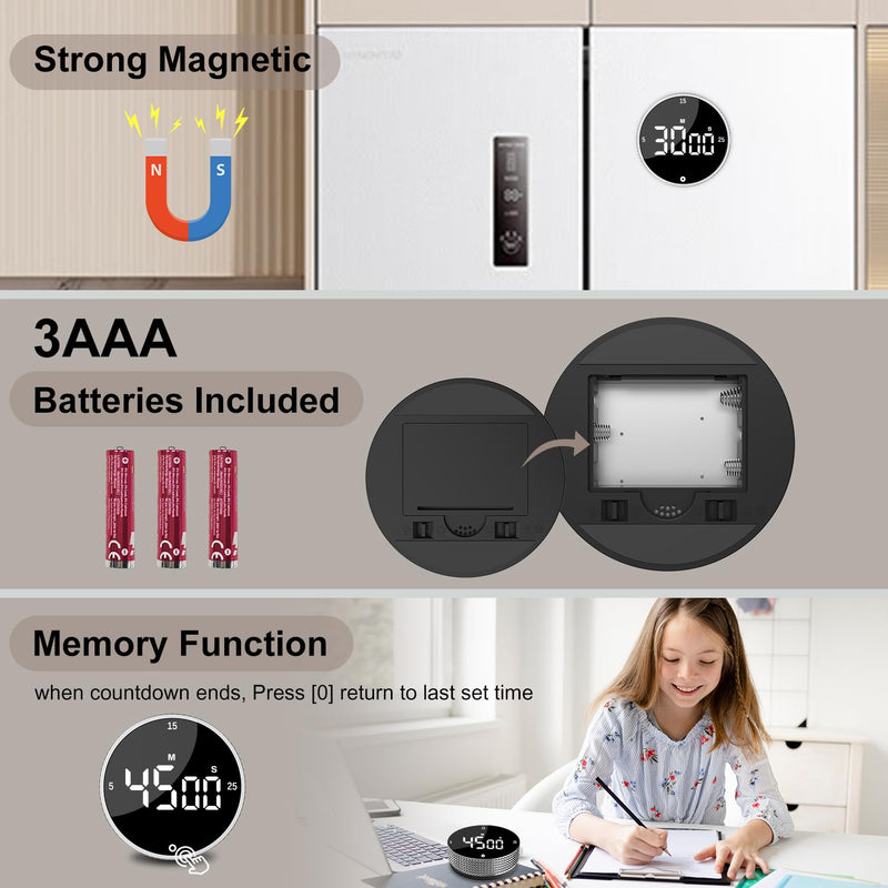 Digital Kitchen Timer with HD LED Display, Magnetic Countdown & Countup Timer for Cooking, 99 Minutes Rotating Pomodoro Timer for Classroom, Fitness, Office. Silver