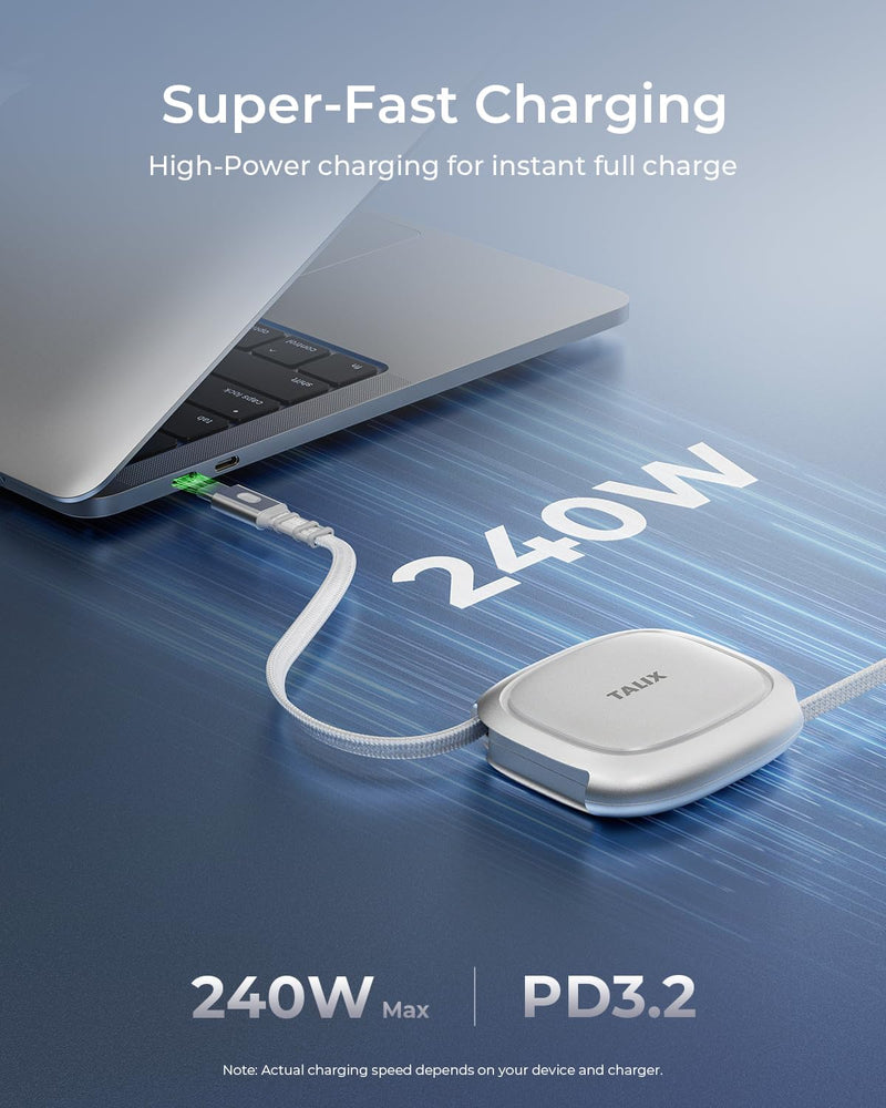 TALIX 240W Retractable USB C to USB C Cable, PD 3.2 Fast Charging-4.92FT | Mag Snap Storage, E-Marker Chip, Anti-Tangle Retractable Cord for Travel, MacBook, iPhone 17, Samsung S25 4.92 Feet