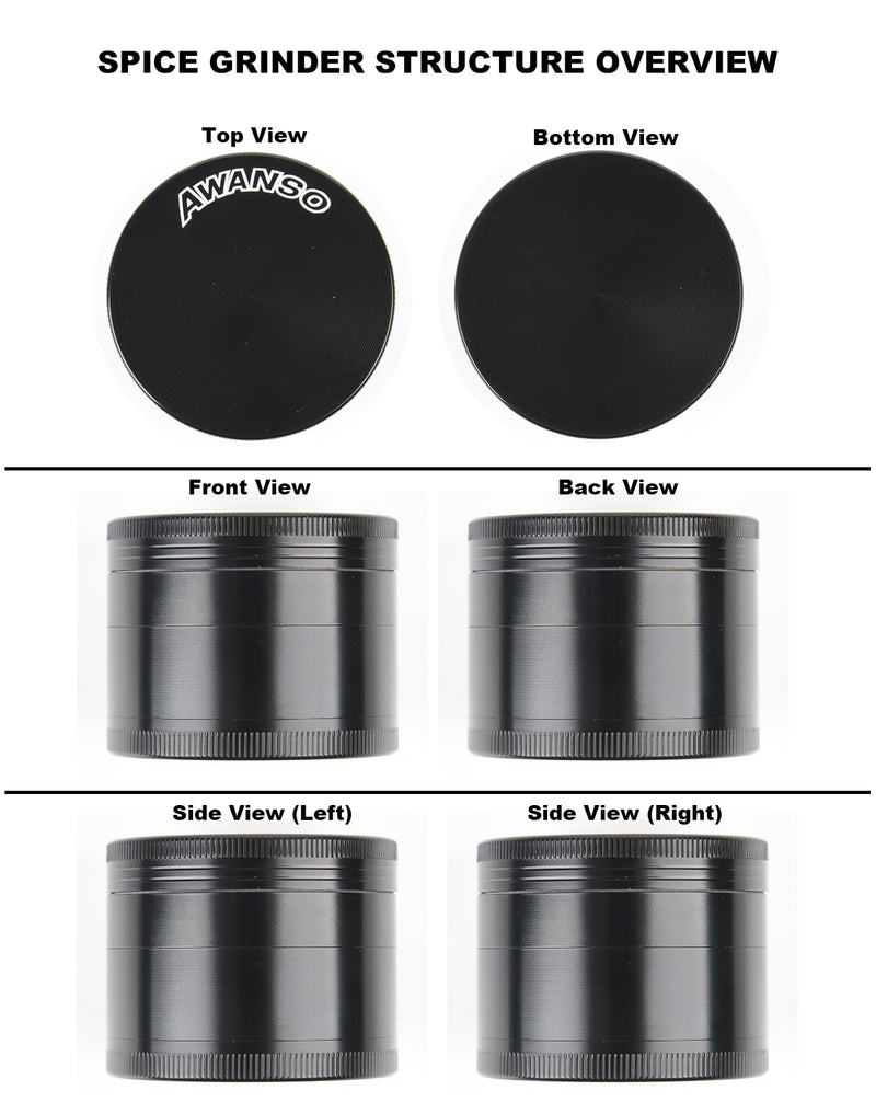 2" Grinder for Kitchen Spices, 3-Piece 4-Part Design, Screen-Free, Durable Zinc Alloy, Black 2.0"