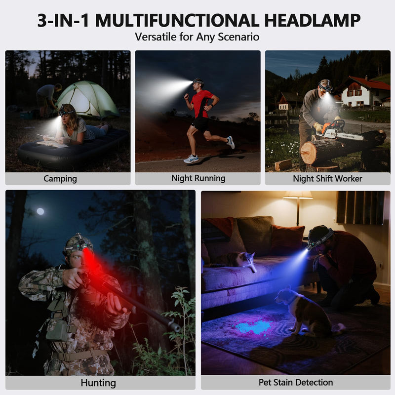 Headlamp Rechargeable with White/Red/UV/Black Light Headlight,1080 High Lumens Super Bright LED Headlamps Battery Powered,16 Modes Waterproof Head Lamp for Hardhat Hunting Pet Urine Detection Blue