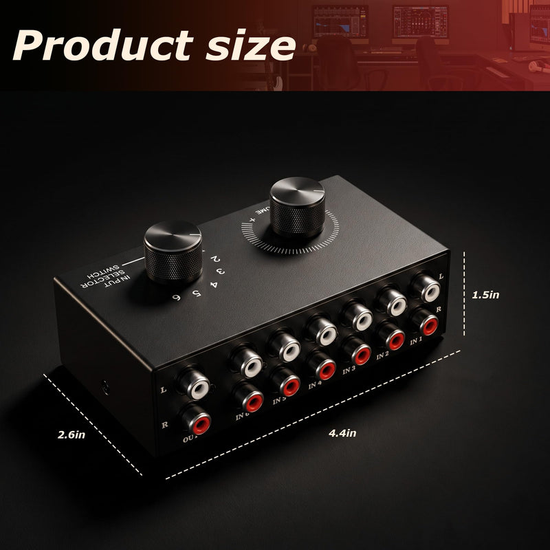 RCA Audio Switcher, 6 in 1 Out Audio Selector, 6 Channel Passive Stereo Selector Box, Metal Case, Plug-and-Play, Volume Control for Hi-Fi Systems