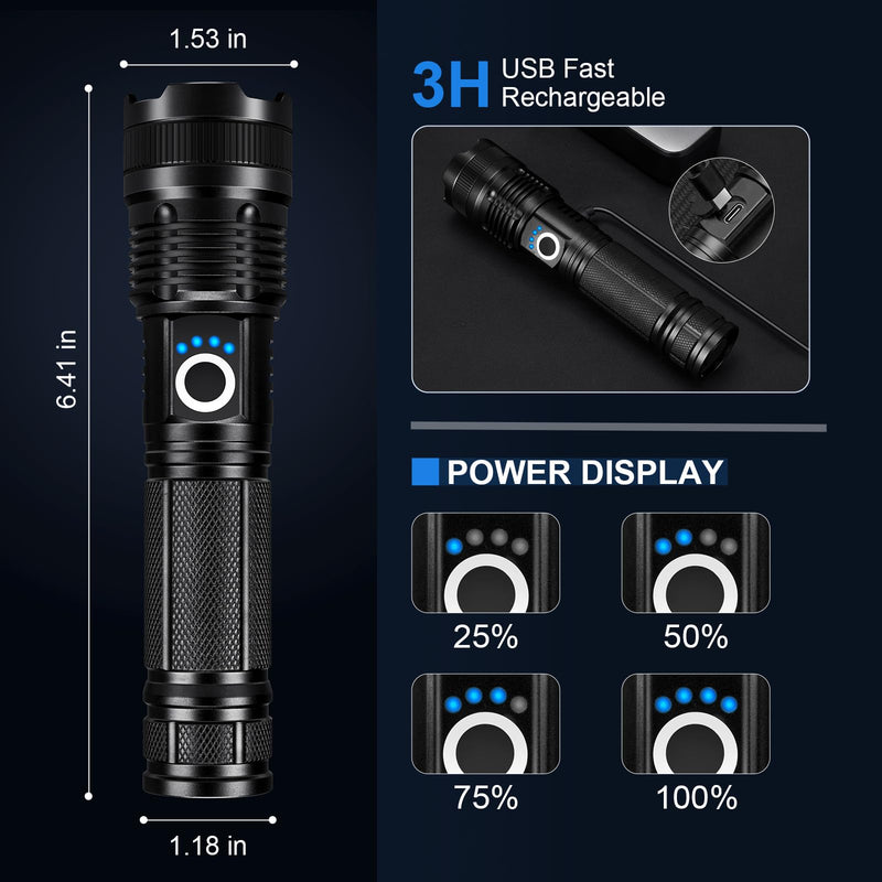 3 Pack Rechargeable Flashlights High Lumens, 990000LM Super Bright LED Flashlight, Adjustable Powerful Flash Light with 5 Modes & USB Cable, Waterproof Handheld Flashlight for Home Camping Outdoor