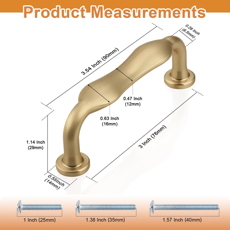 Probrico 10 Pack 3 Inch(76mm) Hole Center Champagne Bronze Kitchen Cabinet Handles, Brushed Brass Vintage Dresser Drawer Pulls for Kitchen Bathroom Cupboard Closet 3" Hole Center(76mm)